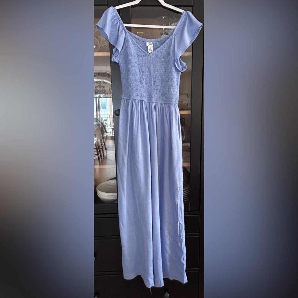 Japna Blue Jumpsuit with gathered elastic top and flutter sleeves size S pockets